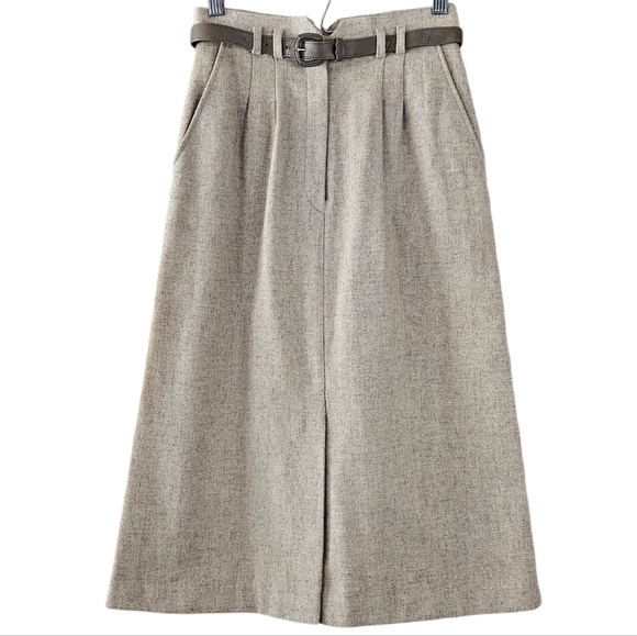 Marianne Fashion Vintage Wool Blend Taupe Oatmeal Wool Blend Skirt with Belt - Picture 1 of 5